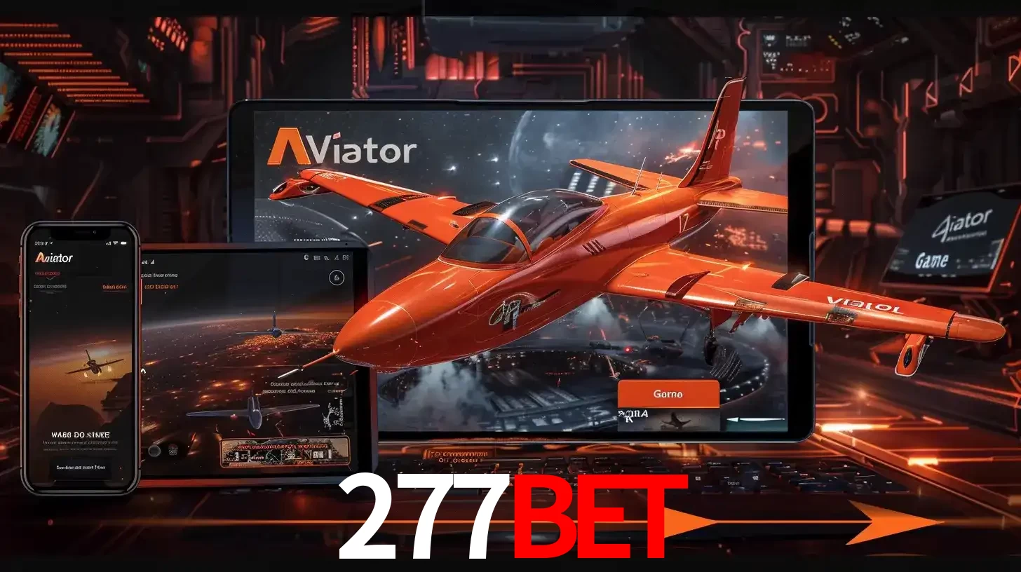 Apresentação tecnológica do jogo Aviator com um avião saindo da tela de um tablet, demonstrando a experiência imersiva em múltiplos dispositivos no 277BET.