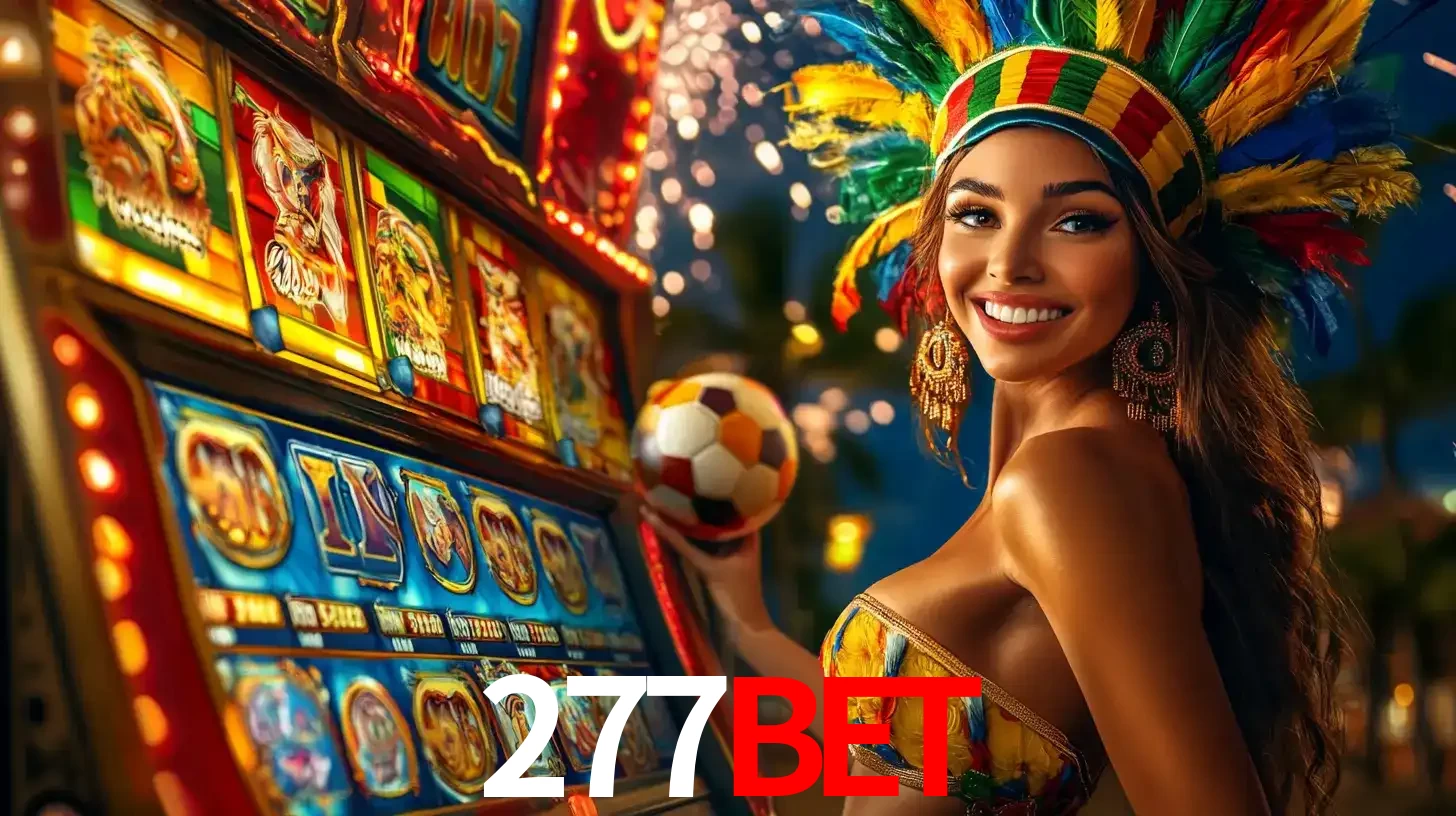 Mulher com um cocar de carnaval ao lado de uma máquina de caça-níqueis enquanto segura uma bola de futebol, mostrando a união da diversão de cassino e esportes no 277BET.