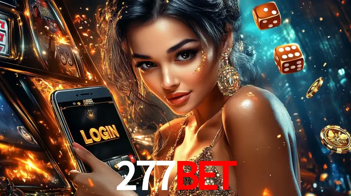 Mulher glamourosa segurando um celular com a tela de login do cassino 277BET, rodeada por dados e moedas douradas, pronta para começar a diversão.