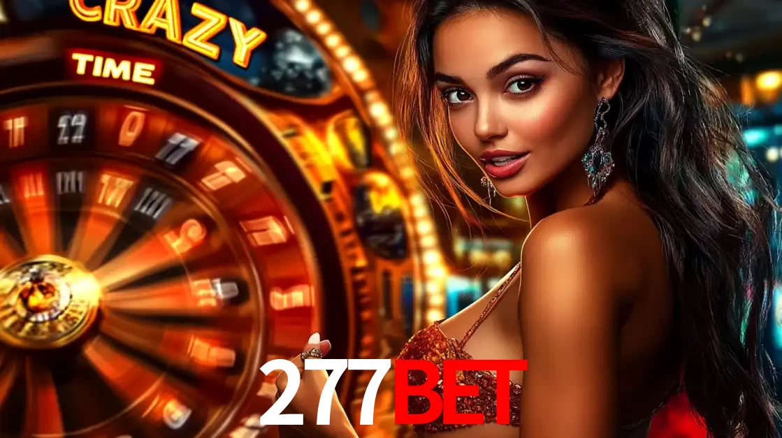 Mulher ao lado da roda de prêmios do jogo de cassino ao vivo Crazy Time, um dos shows de jogos mais emocionantes oferecidos pela plataforma de apostas 277BET.