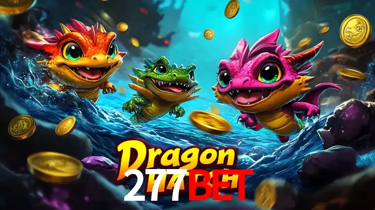 Arte promocional do jogo Dragon Hatch com três adoráveis dragões bebês nadando entre moedas de ouro, um dos slots mais divertidos para jogar no cassino 277BET.