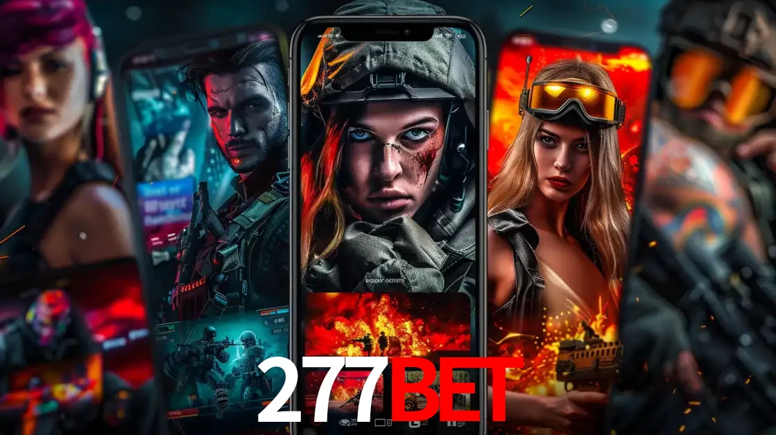Montagem de telas de celular mostrando diversos personagens, masculinos e femininos, de um jogo de tiro, ilustrando a diversidade de equipes de e-sports para apostar no 277BET.