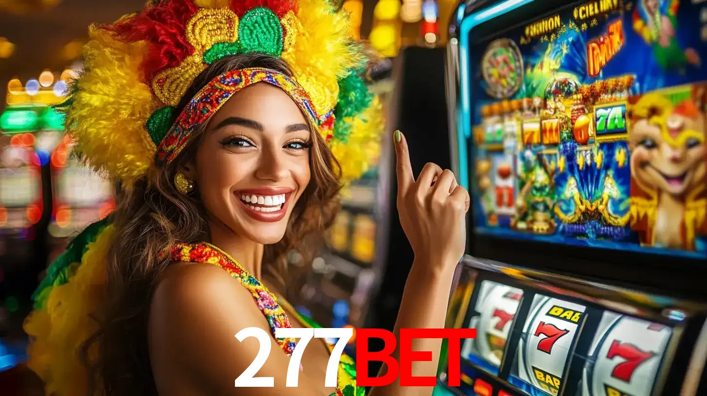 Mulher animada com um cocar de carnaval apontando para uma máquina de caça-níqueis, mostrando a emoção de ganhar um grande prêmio nos jogos do 277BET.