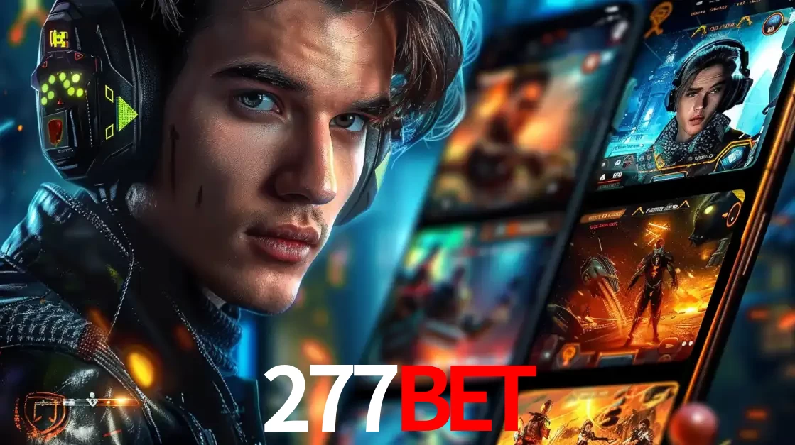 Jovem jogador com fones de ouvido olhando para a câmera, com um aplicativo de jogos e e-sports para celular ao fundo, pronto para a competição e apostas no 277BET.