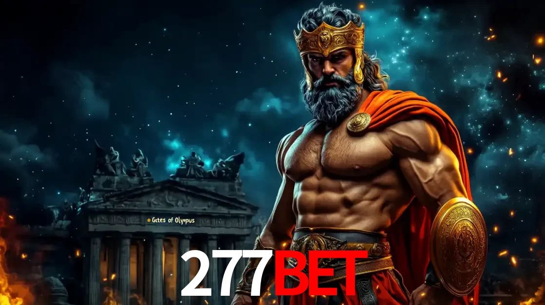 O poderoso Zeus do jogo de slot Gates of Olympus em frente ao seu templo, pronto para lançar multiplicadores divinos e prêmios épicos no cassino online 277BET.