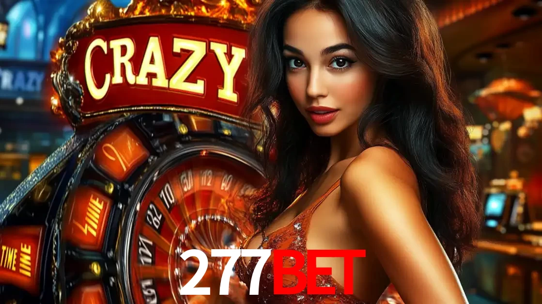 Mulher glamourosa olhando para a câmera com a roda vermelha do Crazy Time ao fundo em um ambiente de cassino, destacando a emoção dos jogos ao vivo no 277BET.