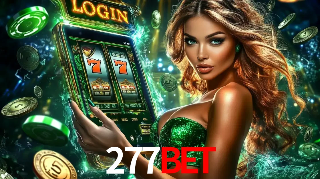Mulher com tema verde apresentando o aplicativo do cassino 277BET com um jogo de slot de 777, cercada por fichas de cassino e uma aura de sorte.