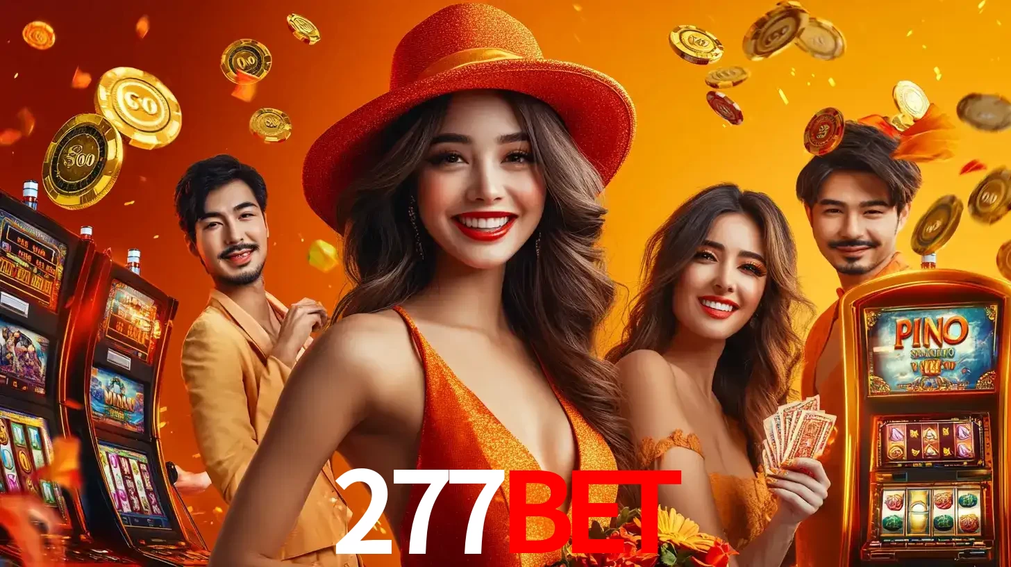 Grupo de amigos asiáticos sorrindo e se divertindo com máquinas de caça-níqueis em um ambiente festivo, celebrando suas vitórias nos jogos de cassino do 277BET.