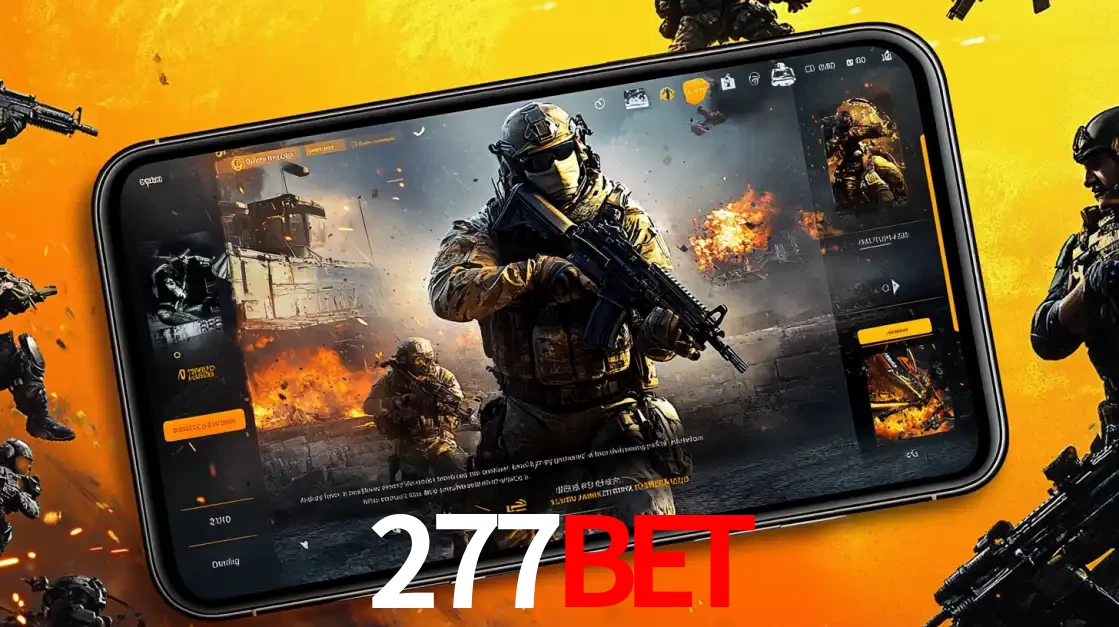 Um smartphone exibindo a interface de um jogo de tiro em primeira pessoa, com um soldado em um cenário de batalha, representando a ação dos e-sports para apostar no 277BET.