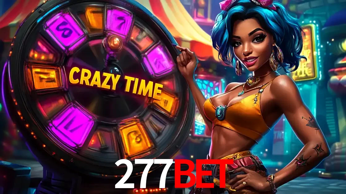 Mulher estilizada com cabelo azul e visual vibrante posando ao lado da roda de prêmios do game show Crazy Time, convidando para a diversão e os bônus do cassino 277BET.