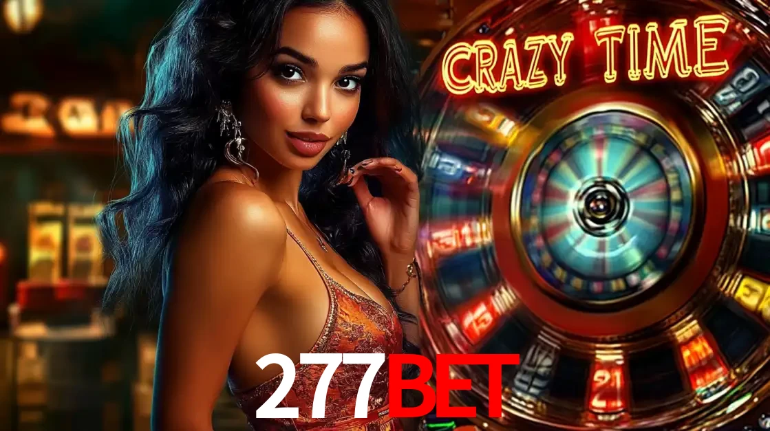Mulher elegante ao lado da vibrante roda da fortuna do jogo de cassino ao vivo Crazy Time, um dos game shows mais populares e cheios de prêmios do 277BET.
