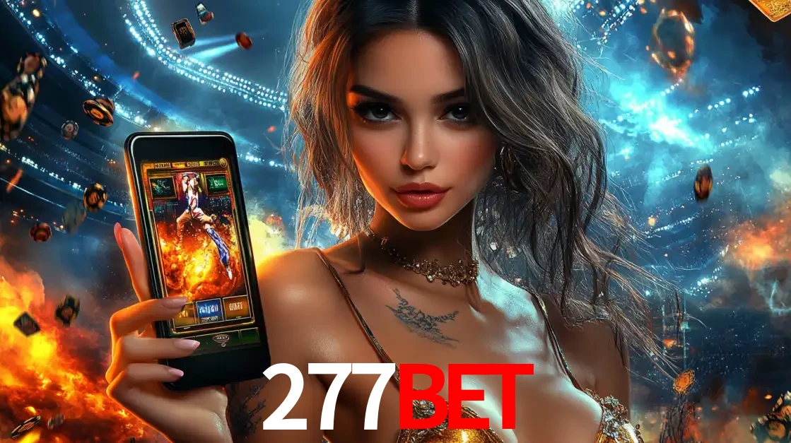 Mulher segurando um celular com um jogo de slot em destaque, tendo como fundo um estádio vibrante, simbolizando a emoção de jogar no cassino móvel 277BET.