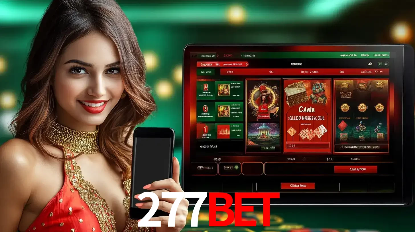 Mulher sorridente segurando um smartphone, ao lado de uma tela exibindo o lobby de jogos do cassino online 277BET, com várias opções de jogos de cartas e slots.